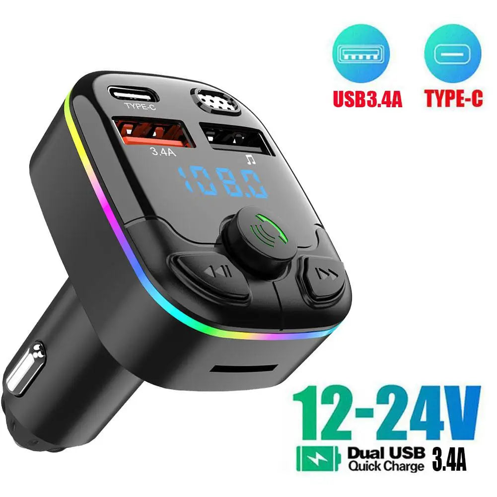 Bluetooth 5.0 Car FM Transmitter Type-C Dual USB Ambient Player MP3 Car Charger Type-C Wireless Light Phone Hands Free Car Radio