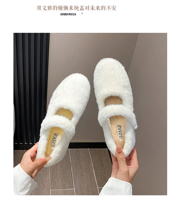 2023 Winter Warm Women’s Plush Flat Shoes Korean style mary jane Ladies casual boat shoes Outdoor work shoes