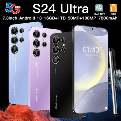 Global Version S24 Ultra  5G Smartphone 7.38Inch 16GB RAM+1024GB ROM Qualcomm 8 Gen 2,108MP Camera 7800Mah Battery Android Phone