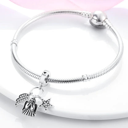 925 Silver Angel Baby Charms Zirconium Heart Shape Angel Wings Dangle Beads Fit Bangle Bracelet Necklace DIY Jewelry Marking