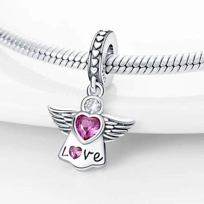 925 Silver Angel Baby Charms Zirconium Heart Shape Angel Wings Dangle Beads Fit Bangle Bracelet Necklace DIY Jewelry Marking