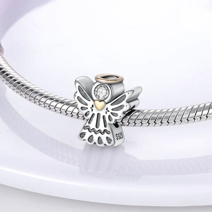 925 Silver Angel Baby Charms Zirconium Heart Shape Angel Wings Dangle Beads Fit Bangle Bracelet Necklace DIY Jewelry Marking