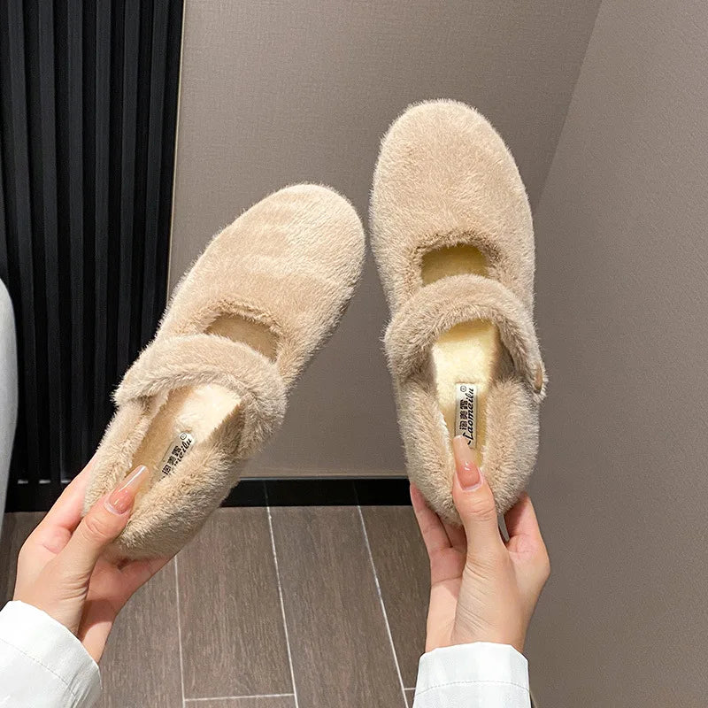 2023 Winter Warm Women’s Plush Flat Shoes Korean style mary jane Ladies casual boat shoes Outdoor work shoes