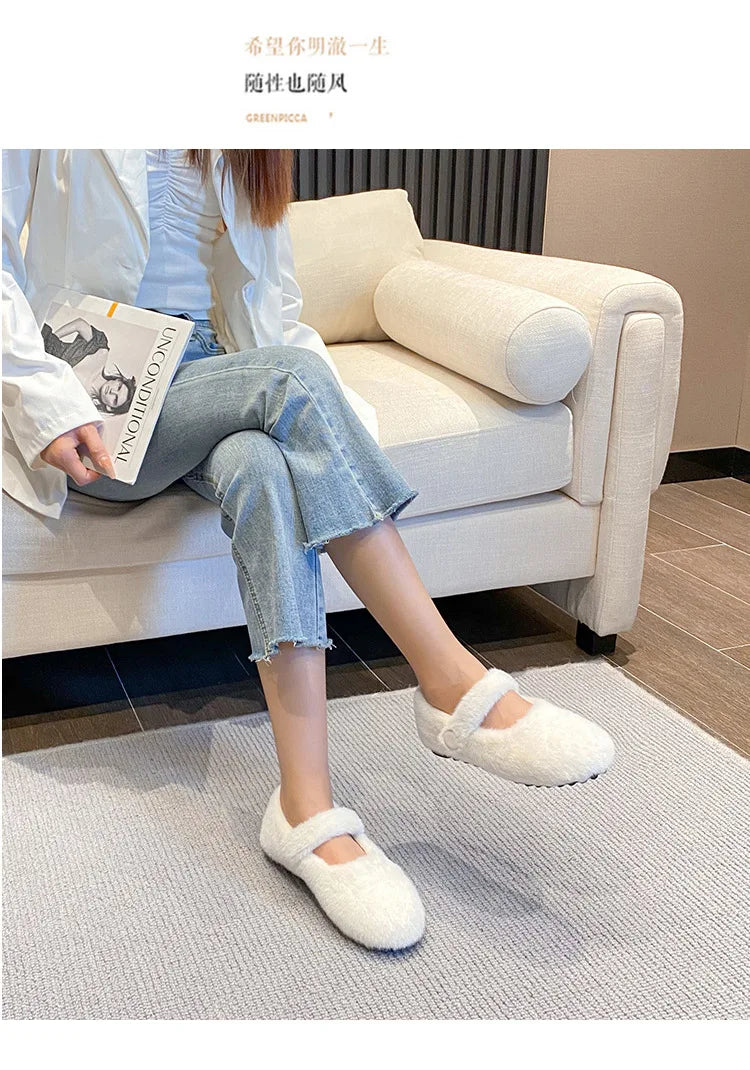 2023 Winter Warm Women’s Plush Flat Shoes Korean style mary jane Ladies casual boat shoes Outdoor work shoes