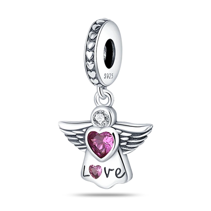 925 Silver Angel Baby Charms Zirconium Heart Shape Angel Wings Dangle Beads Fit Bangle Bracelet Necklace DIY Jewelry Marking