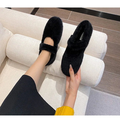 2023 Winter Warm Women’s Plush Flat Shoes Korean style mary jane Ladies casual boat shoes Outdoor work shoes