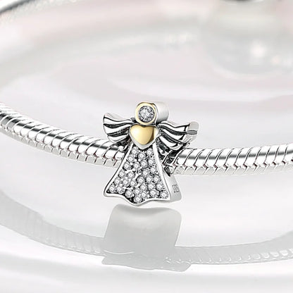 925 Silver Angel Baby Charms Zirconium Heart Shape Angel Wings Dangle Beads Fit Bangle Bracelet Necklace DIY Jewelry Marking