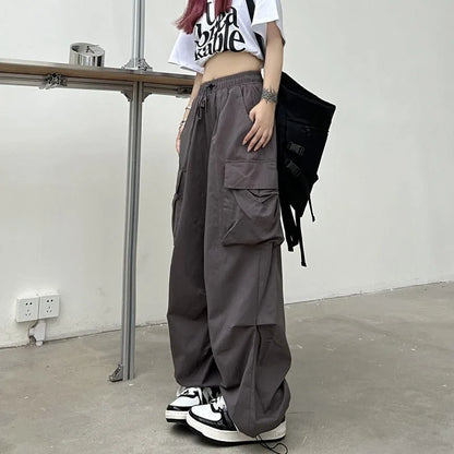 2024 Women Casual Joggers Tech Pants Solid Low Waist Pants Drawstring Wide Leg Baggy Trousers Y2k Streetwear Oversize Sweatpants