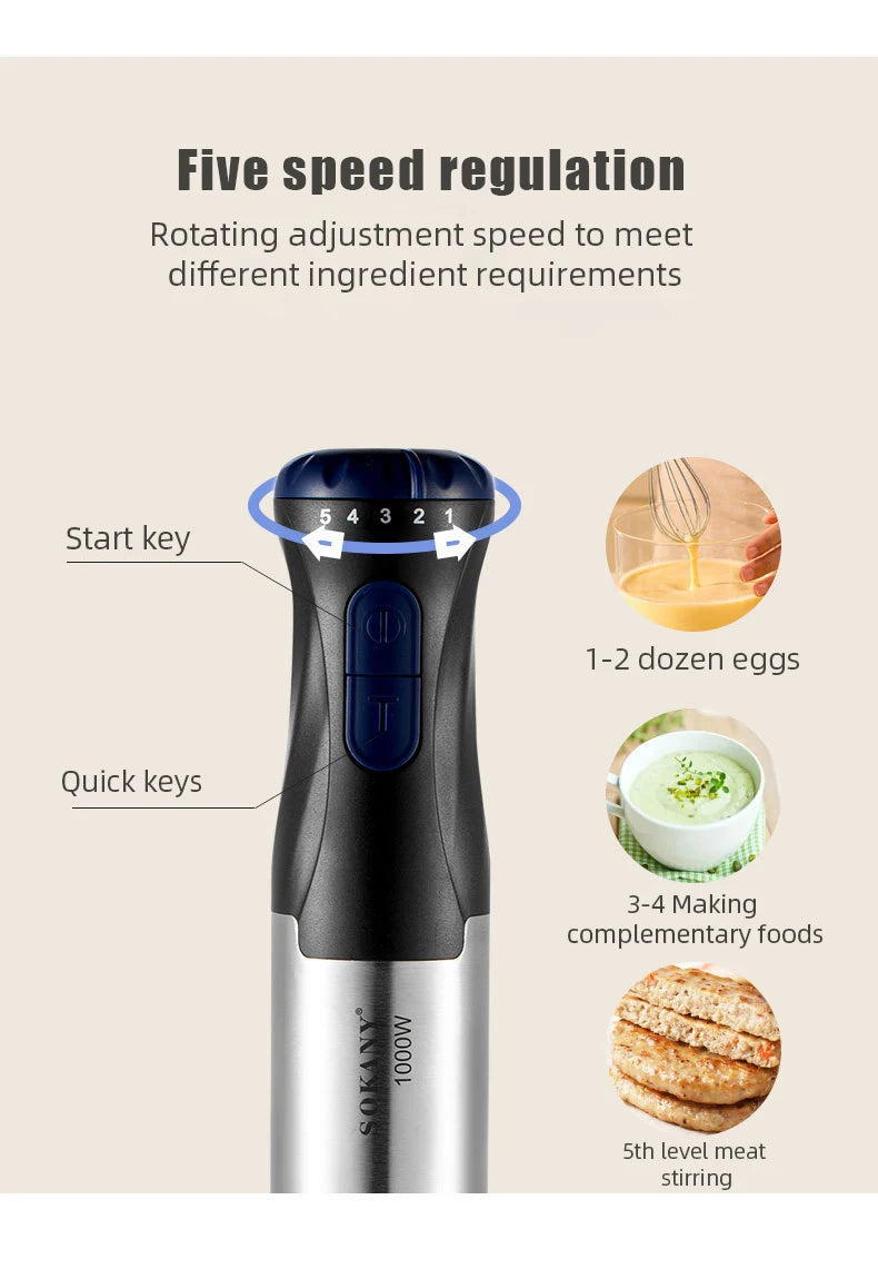 Hand Immersion Blender 1000W Powerful 4-in-1,Stainless Steel Stick Food Mixer,700ml Mixing Beaker,500ml Processor,Whisk