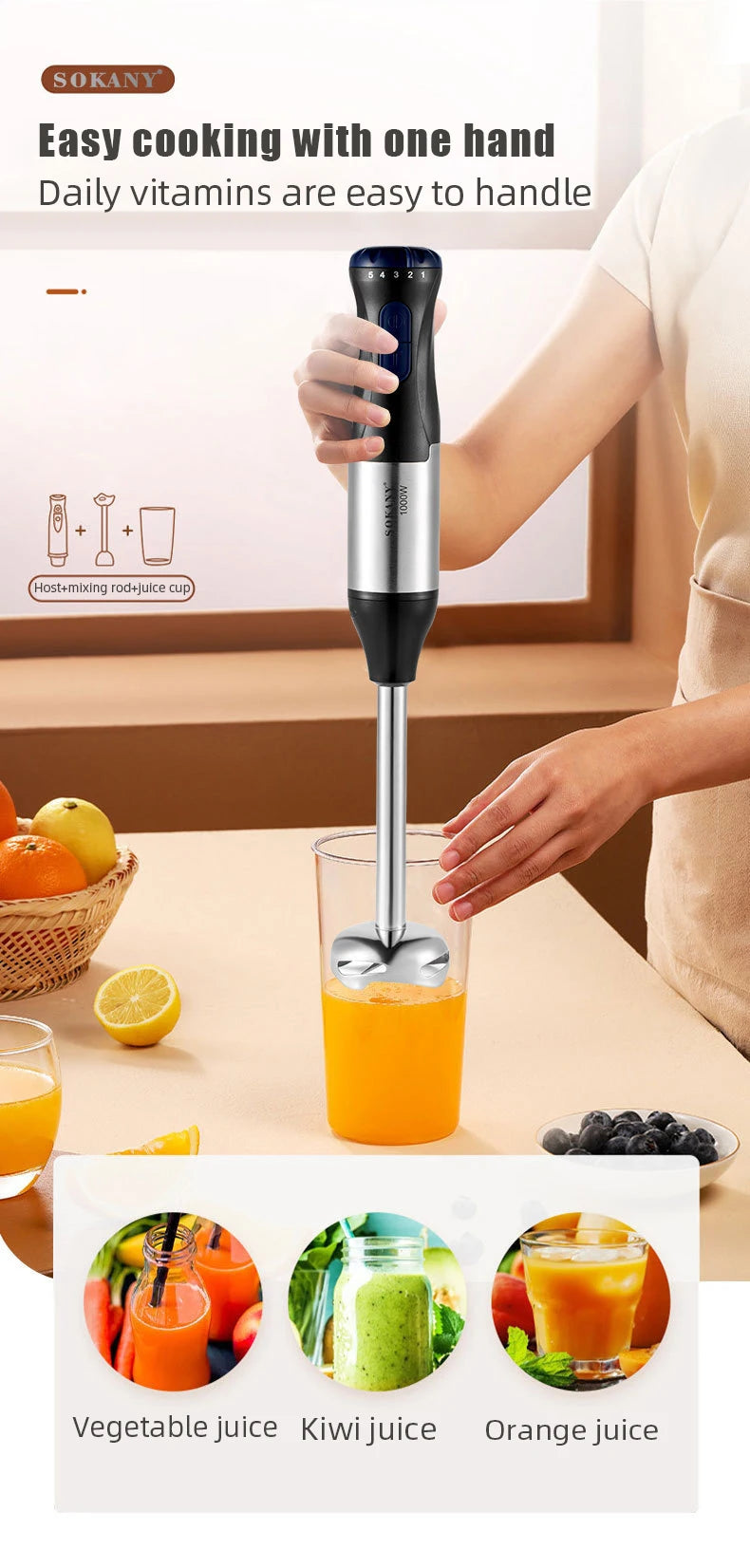 Hand Immersion Blender 1000W Powerful 4-in-1,Stainless Steel Stick Food Mixer,700ml Mixing Beaker,500ml Processor,Whisk