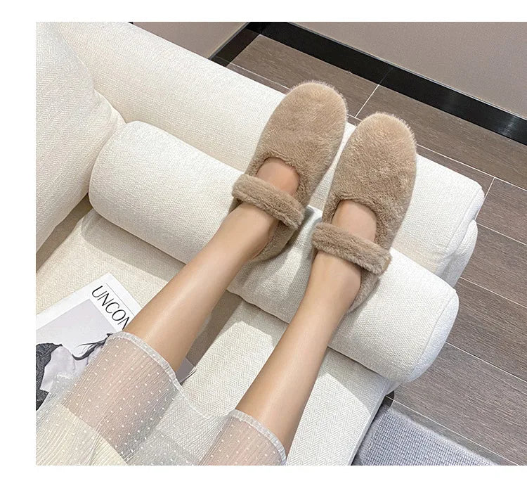 2023 Winter Warm Women’s Plush Flat Shoes Korean style mary jane Ladies casual boat shoes Outdoor work shoes