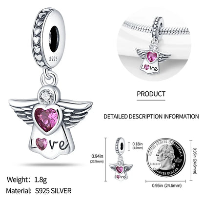 925 Silver Angel Baby Charms Zirconium Heart Shape Angel Wings Dangle Beads Fit Bangle Bracelet Necklace DIY Jewelry Marking