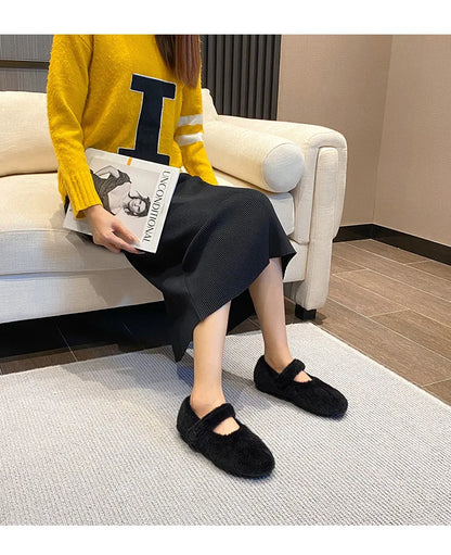 2023 Winter Warm Women’s Plush Flat Shoes Korean style mary jane Ladies casual boat shoes Outdoor work shoes