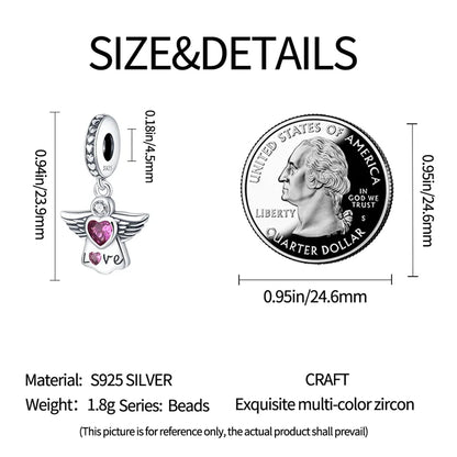 925 Silver Angel Baby Charms Zirconium Heart Shape Angel Wings Dangle Beads Fit Bangle Bracelet Necklace DIY Jewelry Marking