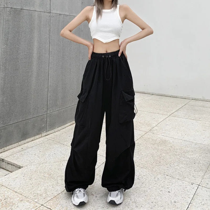 2024 Women Casual Joggers Tech Pants Solid Low Waist Pants Drawstring Wide Leg Baggy Trousers Y2k Streetwear Oversize Sweatpants