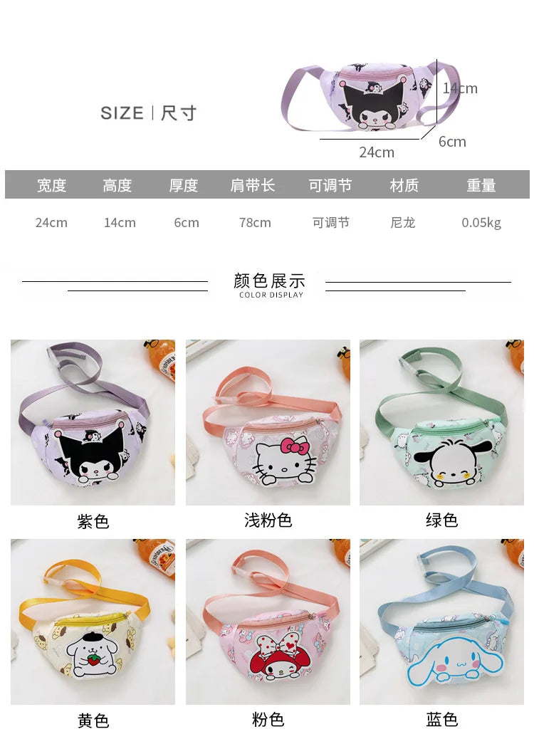 Anime Hello Kitty Kuromi Melody Kids Cartoons Cute Nylon Fanny Pack Shoulder Messenger Fanny Bag Travel Storage Bag Girls Gifts