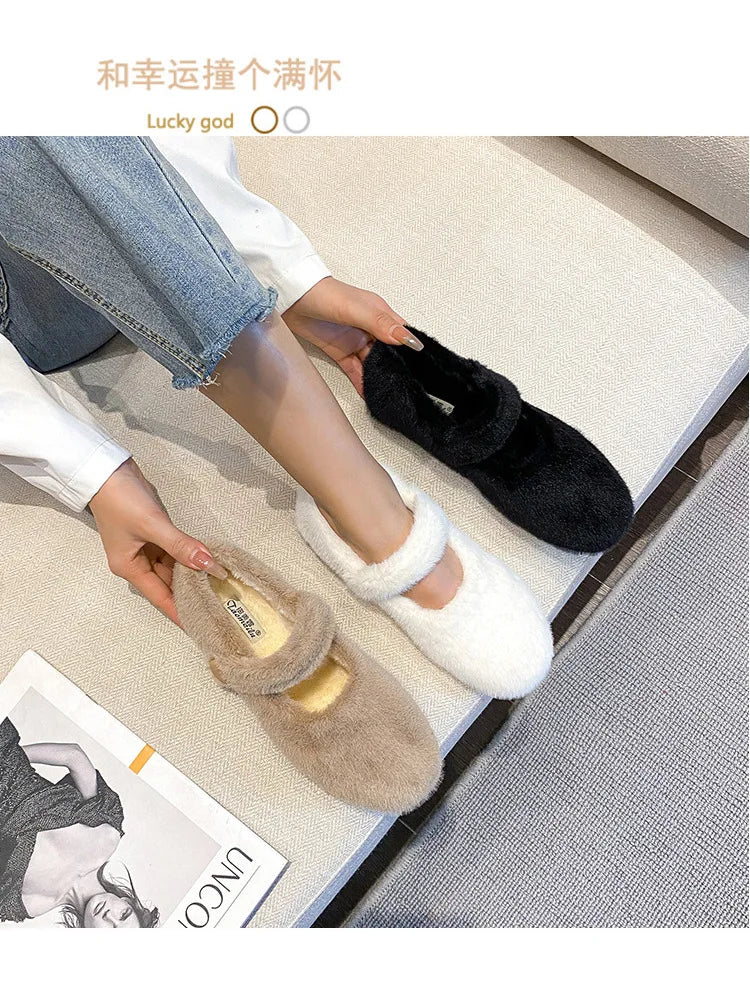 2023 Winter Warm Women’s Plush Flat Shoes Korean style mary jane Ladies casual boat shoes Outdoor work shoes