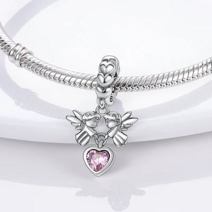 925 Silver Angel Baby Charms Zirconium Heart Shape Angel Wings Dangle Beads Fit Bangle Bracelet Necklace DIY Jewelry Marking