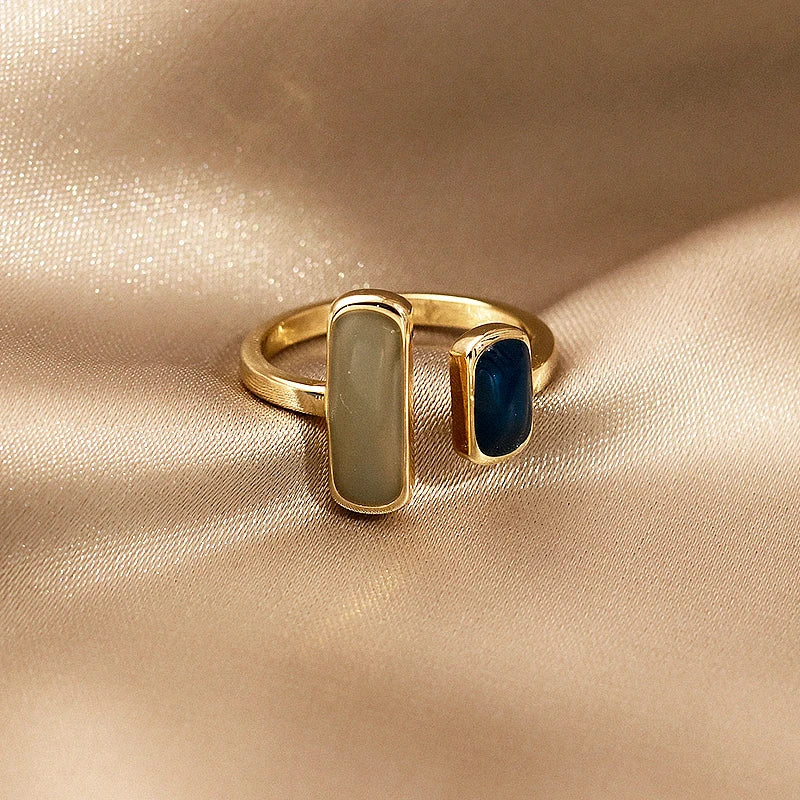 2021 French New Retro Square Blue Oil Dripping Ring Fashion Temperament Simple Opening Ring Women's Jewelry