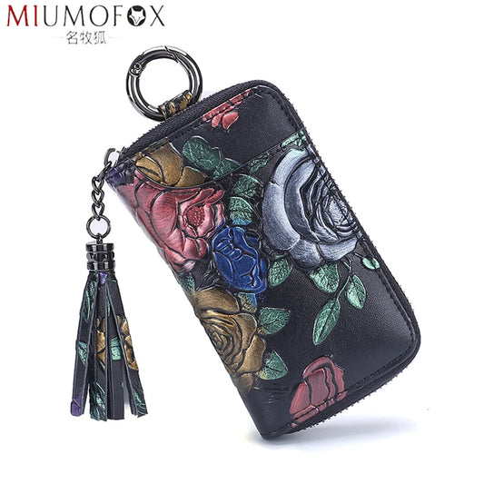 2023 New Painted Rose Genuine Leather Key Holder Pocket Wallet Keys Organizer Keychain for Men and Women Key Case Porta Llaves