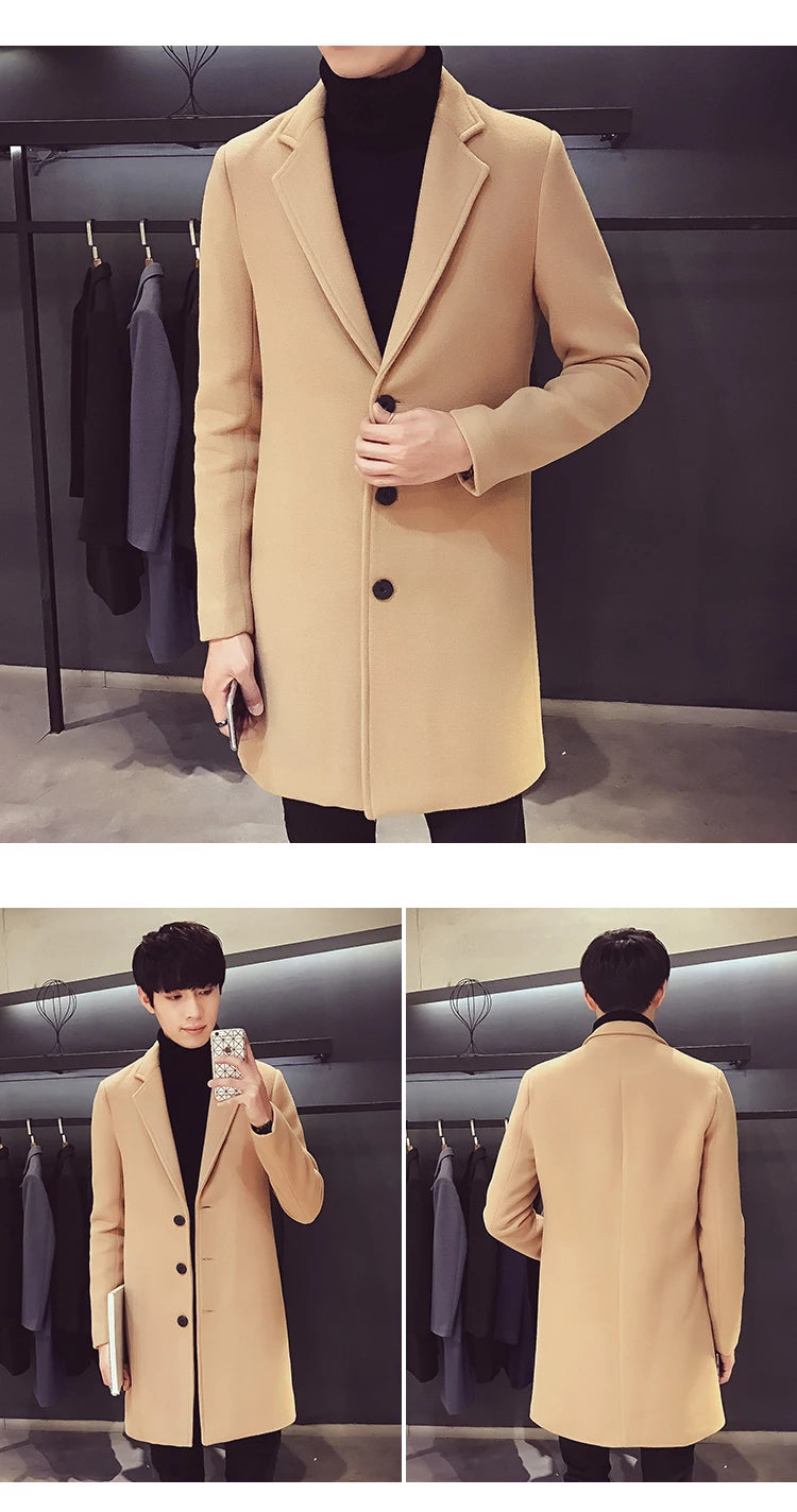 2024 Spring Autumn New Long Cotton Coat New Wool Blend Pure Color Casual Business Fashion Men's Clothing Slim Windbreaker Jacket