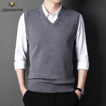 JOHMUVVE  New Men V-neck Vest Trend Retro Solid Color Vest All-match Casual Business Work Woolen Knit Vest Men Autumn