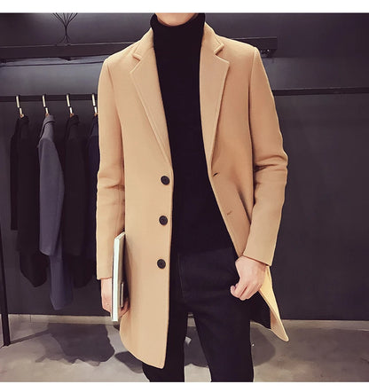 2024 Spring Autumn New Long Cotton Coat New Wool Blend Pure Color Casual Business Fashion Men's Clothing Slim Windbreaker Jacket