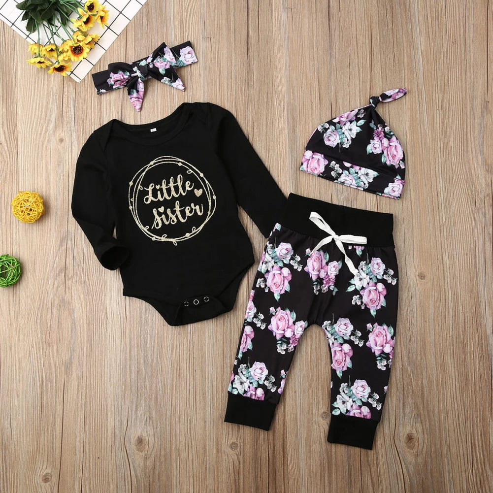 Citgeett Black Newborn Baby Little Sister Girl Clothes Romper+Pants Print Leggings 4Pcs Autumn Fall Clothes