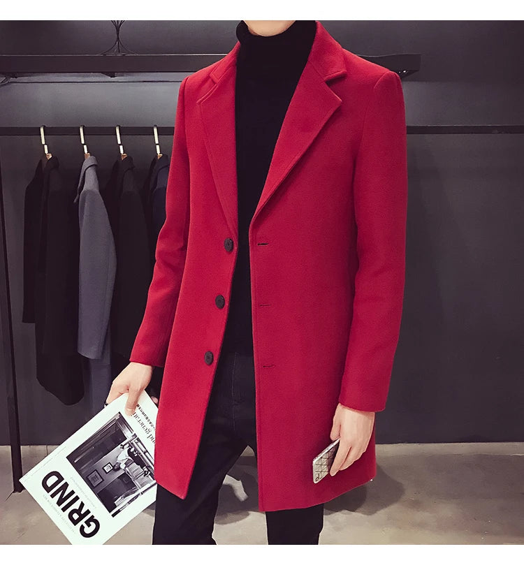 2024 Spring Autumn New Long Cotton Coat New Wool Blend Pure Color Casual Business Fashion Men's Clothing Slim Windbreaker Jacket