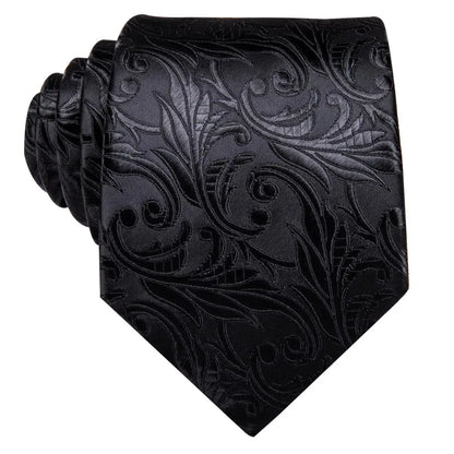 Hi-Tie Black Floral Silk Wedding Tie For Men Handky Cufflink Elegant Necktie For Men Fashion Designer Business Party Dropshiping