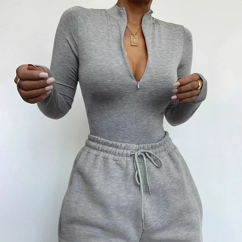 Shestyle Solid Zipper Bodycon Bodysuits Women Sexy Mock Neck Autumn Long Sleeve Fashion Slim Basic Body Winter Gray Outfits Lady