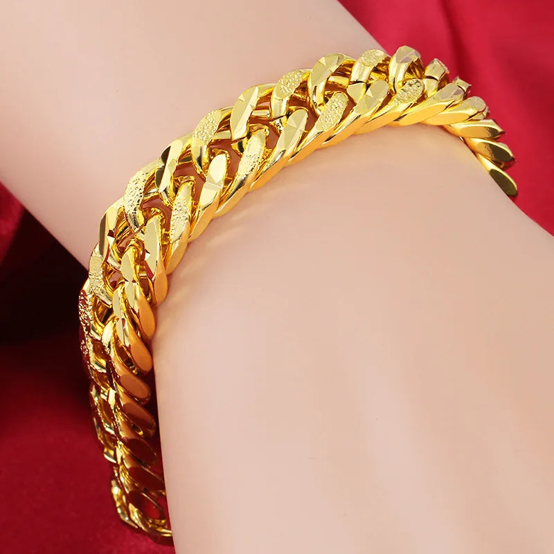 12MM 24K Pure Gold Color Bracelets for Men Women Chain Bracelet Bangles Wristband Pulseira Homme African Gold Jewelry Man Bijoux