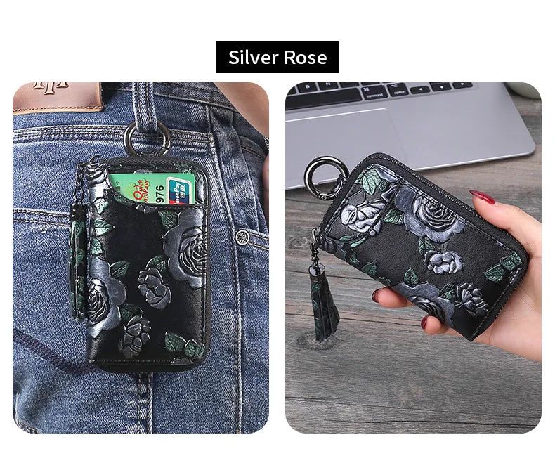 2023 New Painted Rose Genuine Leather Key Holder Pocket Wallet Keys Organizer Keychain for Men and Women Key Case Porta Llaves