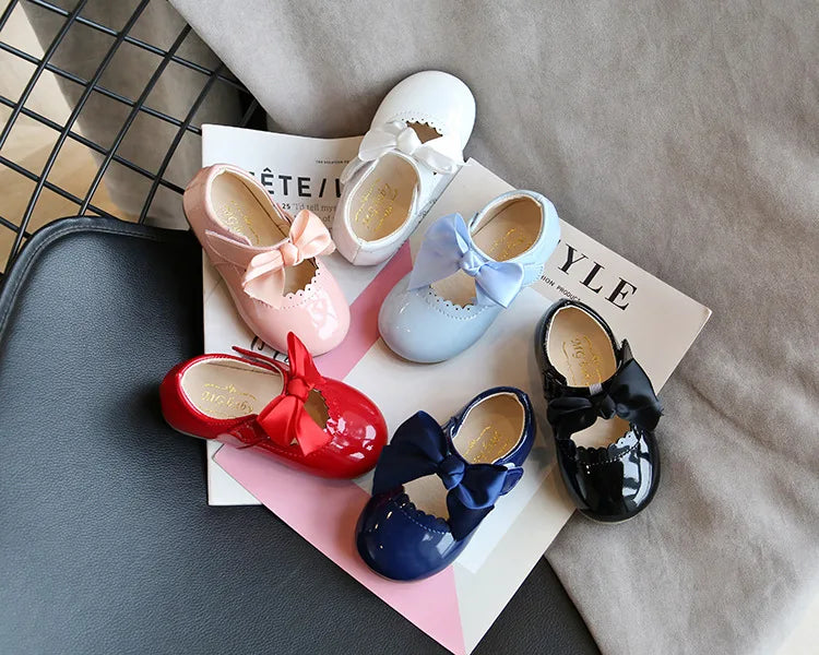 Newest Spring Autumn Baby Girls Fashion Patent Leather Big Bow Princess Mary Janes Party Shoes Solid Color Student Flats Shoes