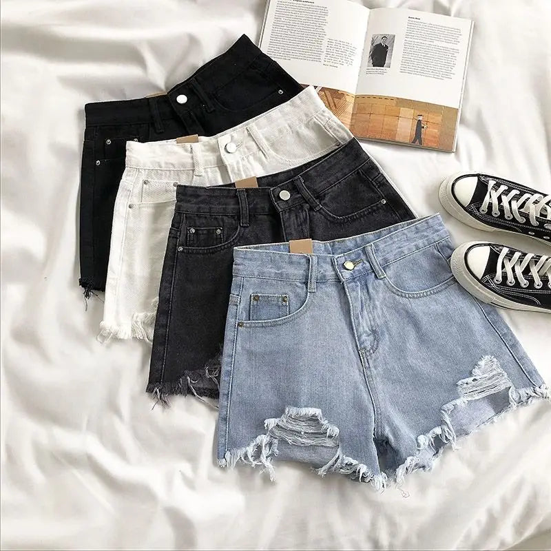 Women's Ripped Jeans Short Pants, Casual High Waist Denim Shorts, Female Clothing, Summer Pocket Hole, 2023