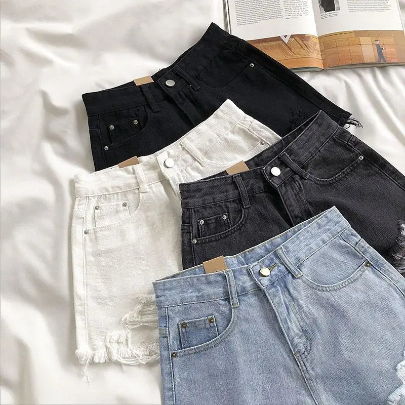 Women's Ripped Jeans Short Pants, Casual High Waist Denim Shorts, Female Clothing, Summer Pocket Hole, 2023