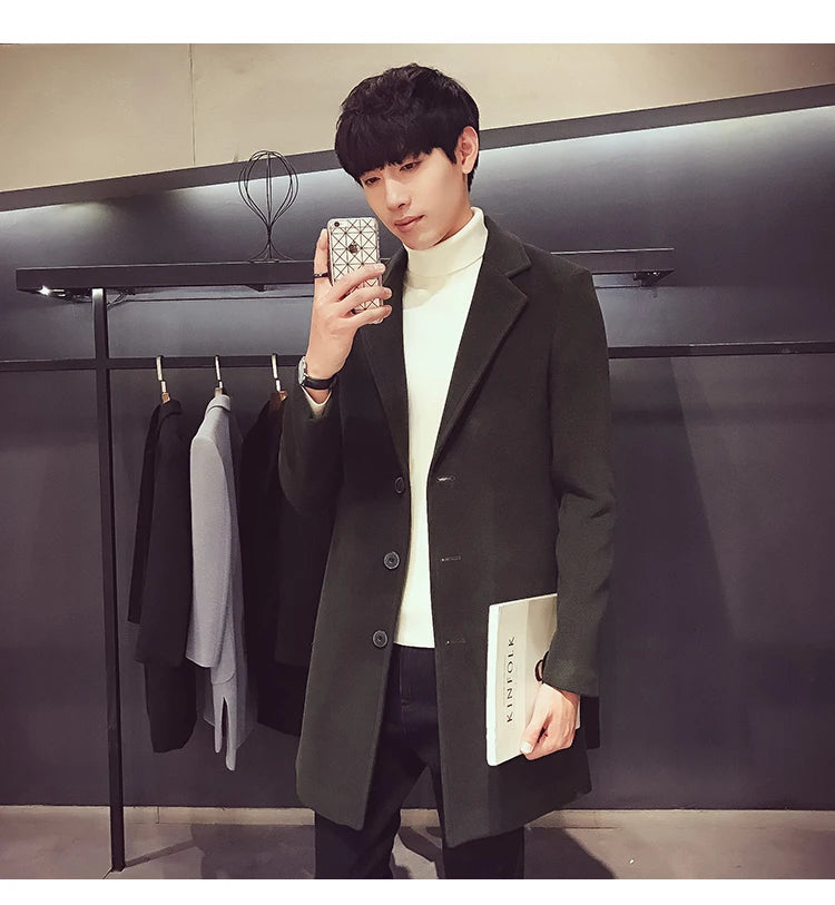 2024 Spring Autumn New Long Cotton Coat New Wool Blend Pure Color Casual Business Fashion Men's Clothing Slim Windbreaker Jacket