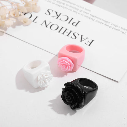 Trendy Korean Black White Pink Flower Resin Acrylic Square Ring Geometric Chunky Rings for Women Girls Fashion Jewelry Gift