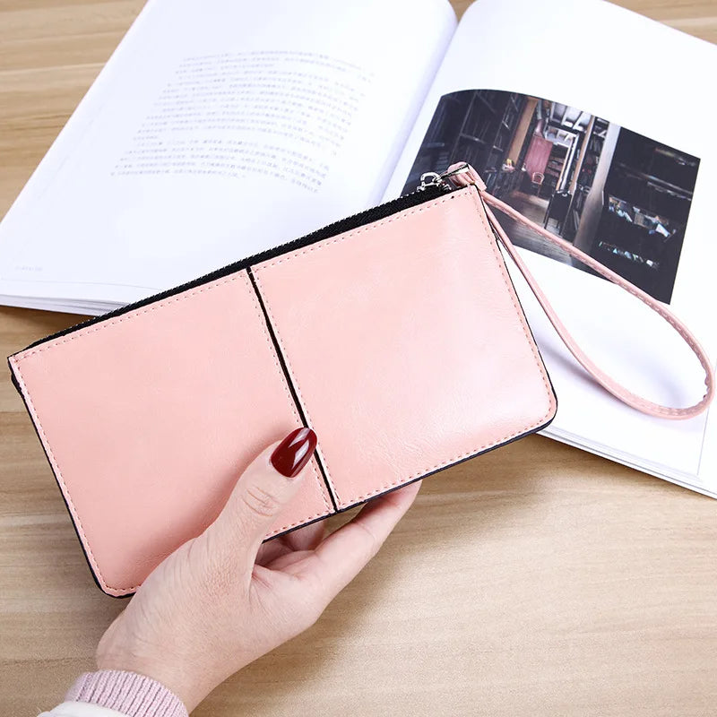 Women's Vintage Oil Wax Leather Zipper Clutch Wallet Female Large Capacity Coin Purse Ladies Wristband Simple Card Holder Wallet