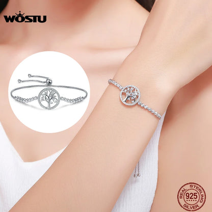 WOSTU Authentic 100% 925 Sterling Silver Tree of Life Tennis Bracelet Women Adjustable Link Chain Bracelet Silver Jewelry CQB035