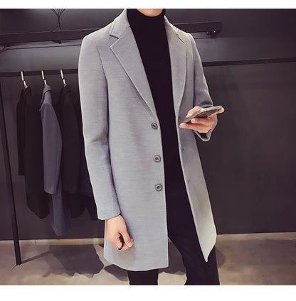 2024 Spring Autumn New Long Cotton Coat New Wool Blend Pure Color Casual Business Fashion Men's Clothing Slim Windbreaker Jacket