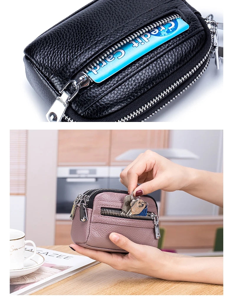 Genuine Leather Women Mini Wallet Double Zipper Coin Purse Cute Small Clutch Bag Luxury Designer Multi-Functional Card Holder