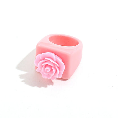 Trendy Korean Black White Pink Flower Resin Acrylic Square Ring Geometric Chunky Rings for Women Girls Fashion Jewelry Gift