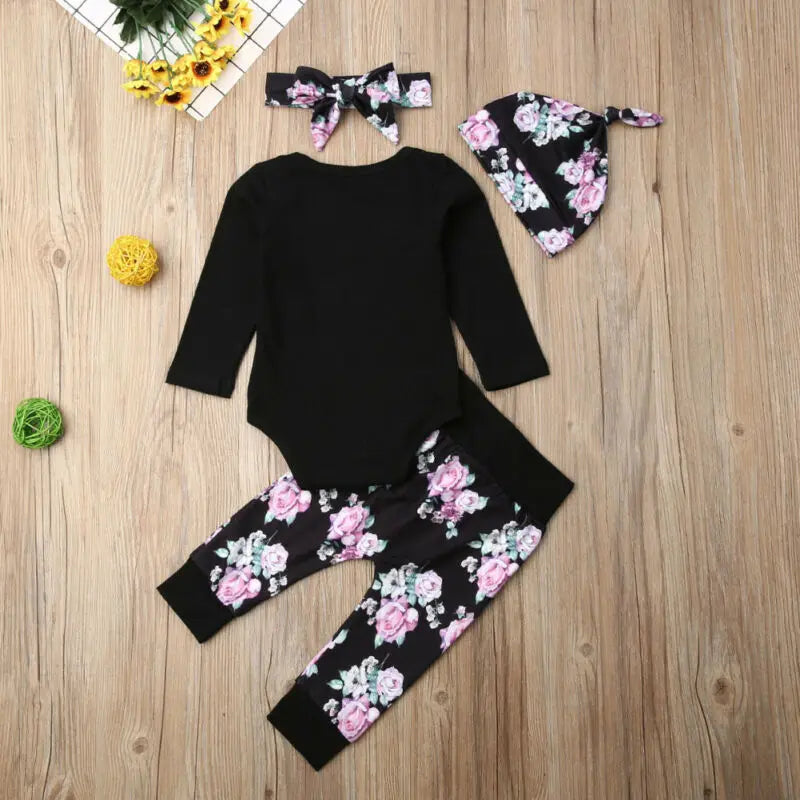 Citgeett Black Newborn Baby Little Sister Girl Clothes Romper+Pants Print Leggings 4Pcs Autumn Fall Clothes