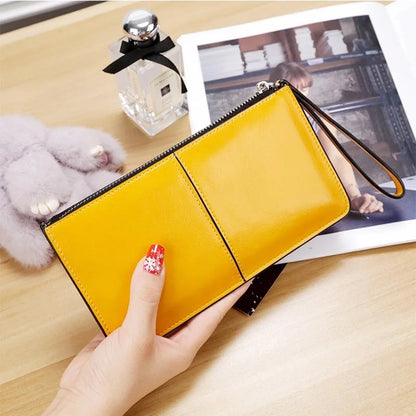 Women's Vintage Oil Wax Leather Zipper Clutch Wallet Female Large Capacity Coin Purse Ladies Wristband Simple Card Holder Wallet