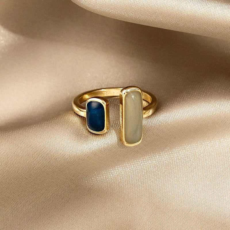 2021 French New Retro Square Blue Oil Dripping Ring Fashion Temperament Simple Opening Ring Women's Jewelry