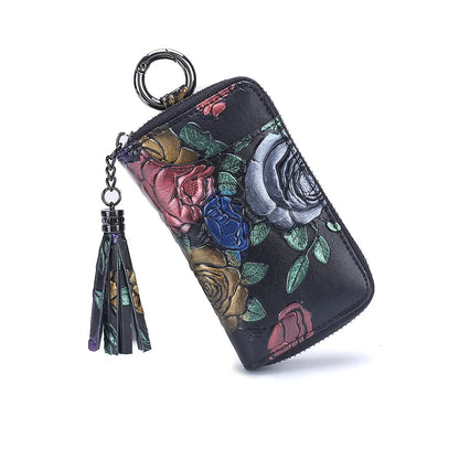 2023 New Painted Rose Genuine Leather Key Holder Pocket Wallet Keys Organizer Keychain for Men and Women Key Case Porta Llaves