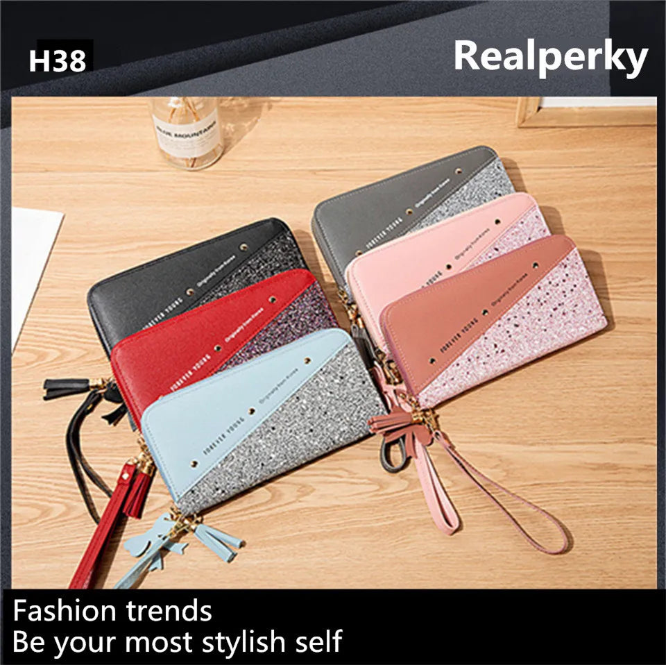 Women Wallets Long Sequined Patchwork PU Leather Forever Young Wallet Female Designer Luxury Fashion Money Purse Clutch Bag