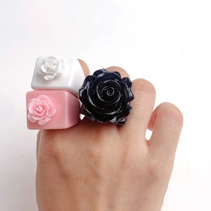 Trendy Korean Black White Pink Flower Resin Acrylic Square Ring Geometric Chunky Rings for Women Girls Fashion Jewelry Gift