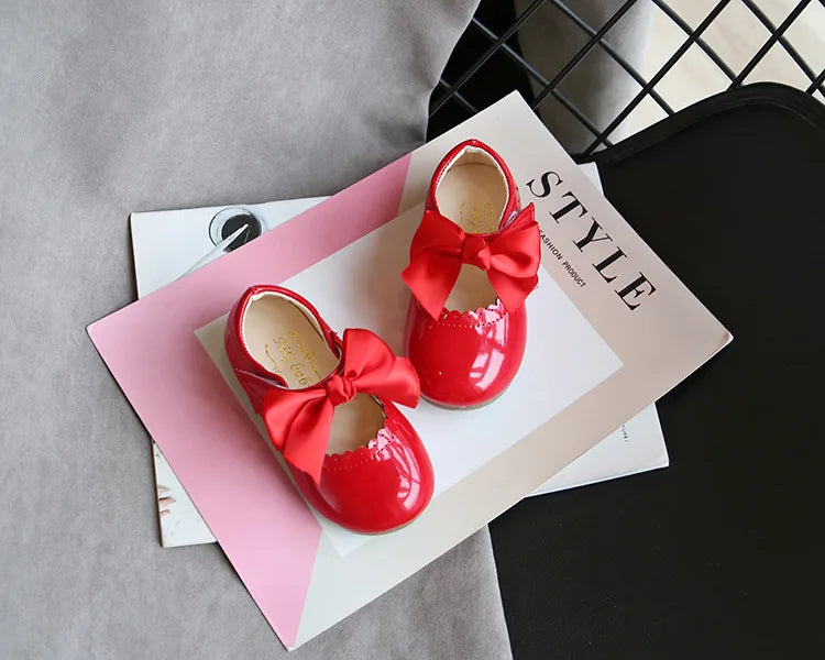 Newest Spring Autumn Baby Girls Fashion Patent Leather Big Bow Princess Mary Janes Party Shoes Solid Color Student Flats Shoes